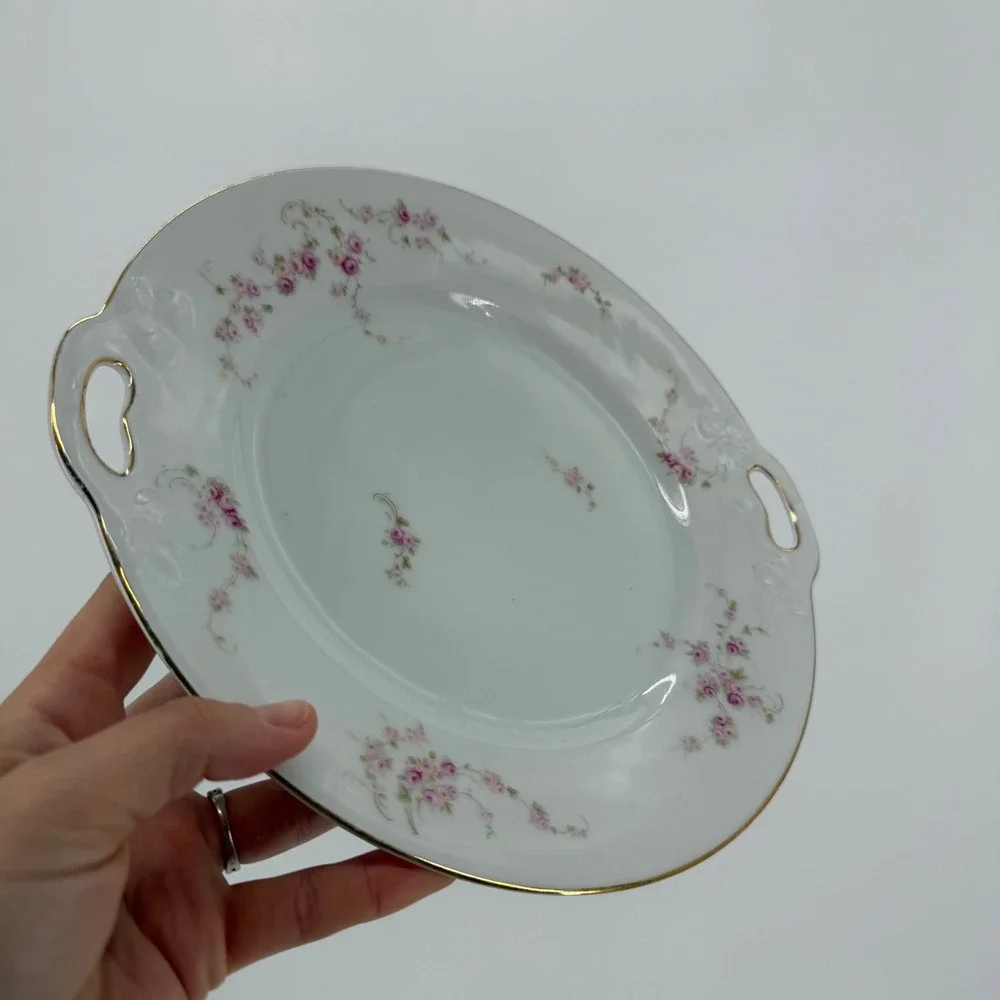 Thomas Bavaria Vintage Porcelain Cake Plate Pink Roses Gold Trim Handled 10in